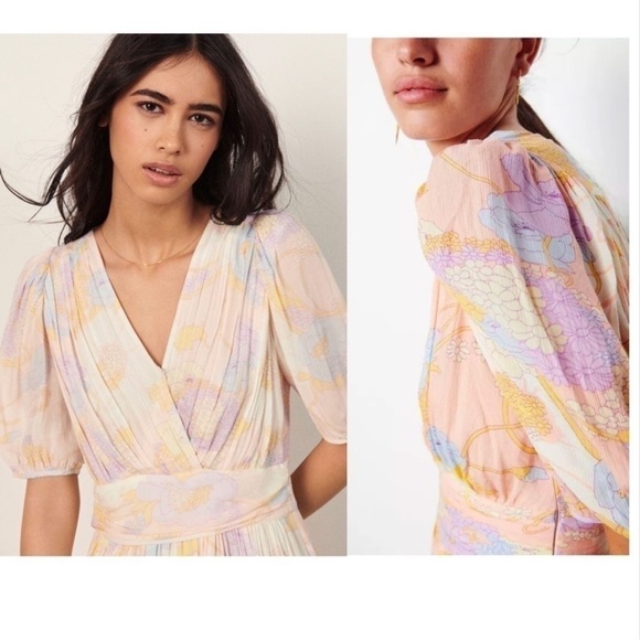 BA&SH Noam Dress Pastel Floral Short Sleeve Faux Wrap Mini Swing Dress Size Med - Picture 4 of 10